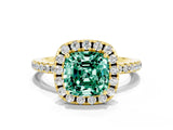 Yellow gold Cushion Cut Halo Round Diamond Pavé Band Four-Prong Ring