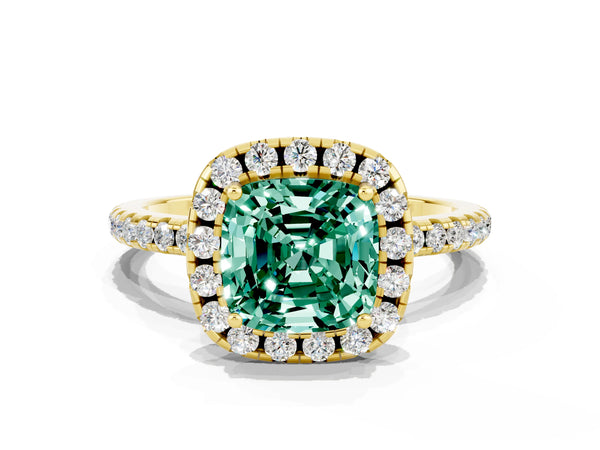 Yellow gold Cushion Cut Green Sapphire Halo Ring with Round Pavé Band and Prong Setting
