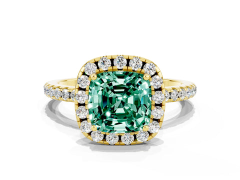 Yellow gold Cushion Cut Halo Round Diamond Pavé Band Four-Prong Ring