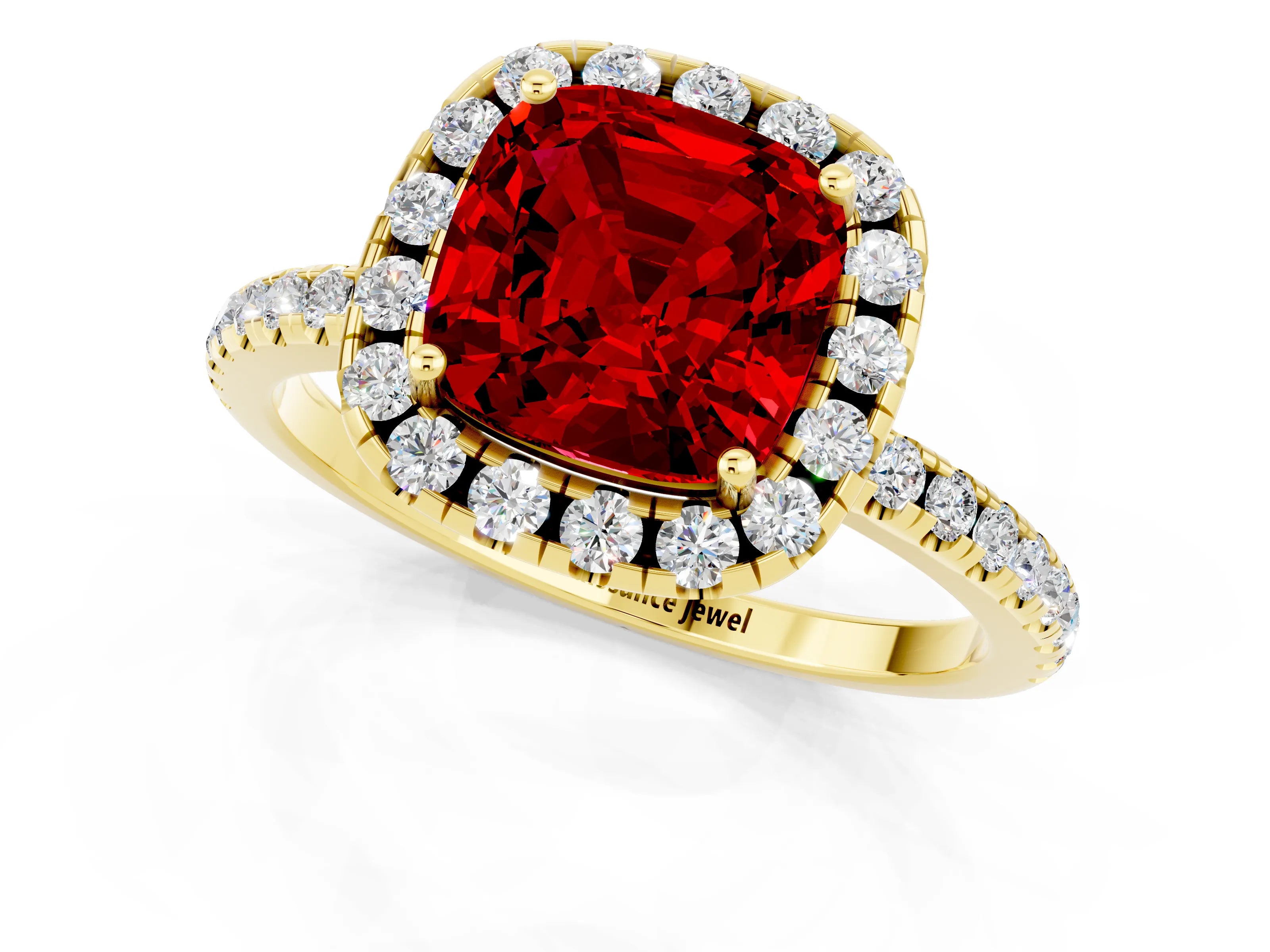 Yellow gold Cushion Cut Halo Round Diamond Pavé Band Four-Prong Ring_1