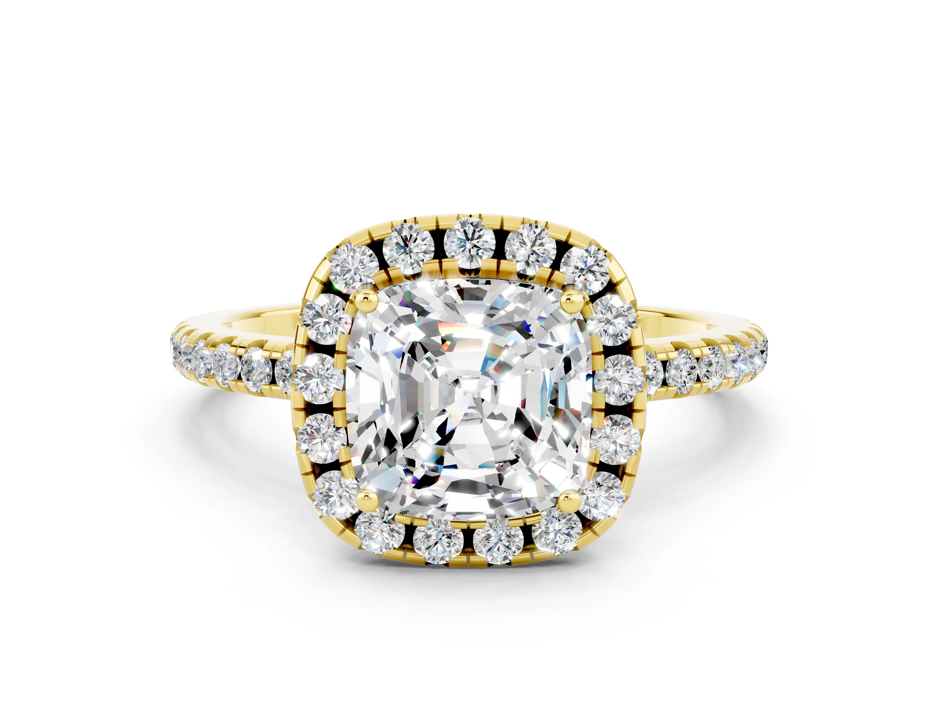 Yellow gold Cushion Cut Halo Round Diamond Pavé Band Four-Prong Ring_12