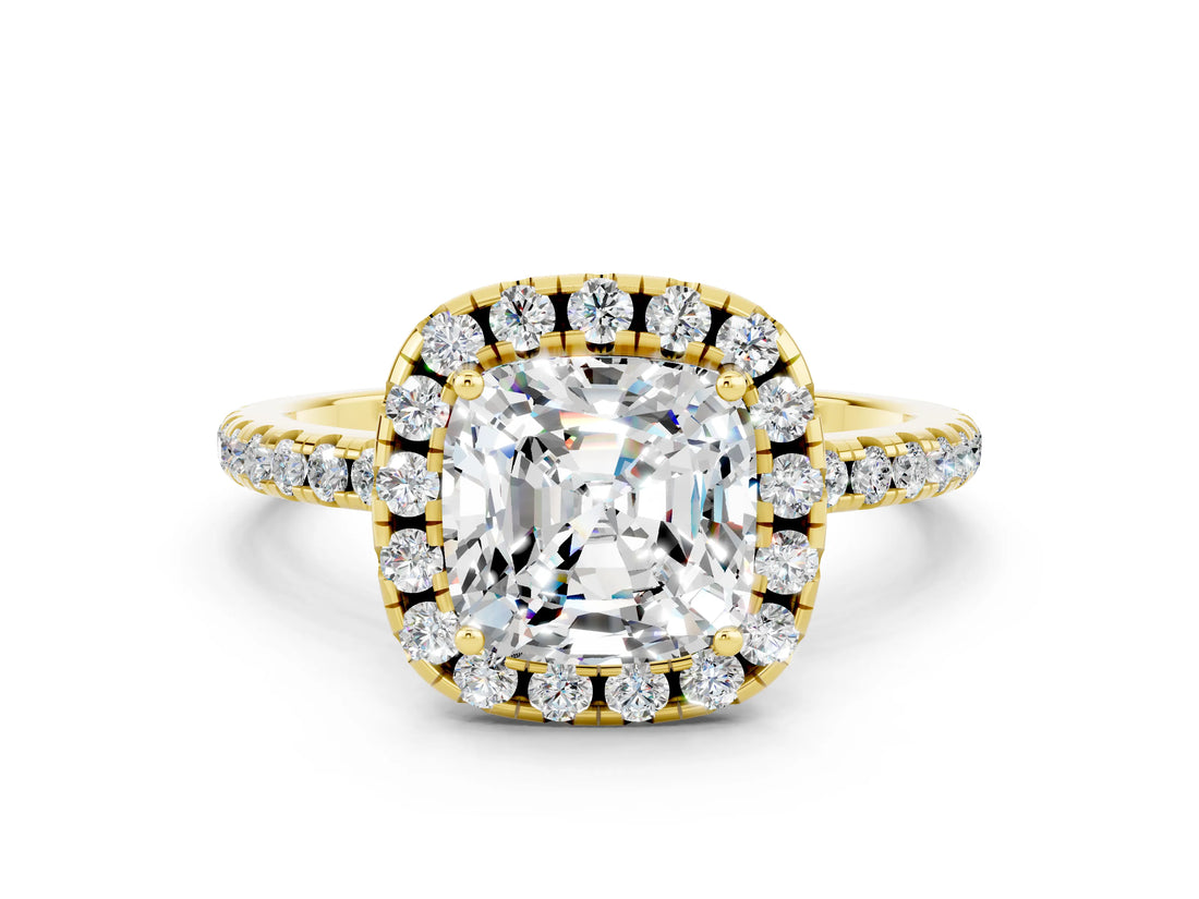 Yellow gold Cushion Cut Halo Round Diamond Pavé Band Four-Prong Ring_12