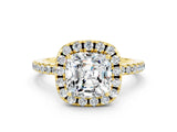 Yellow gold Cushion Cut Halo Round Diamond Pavé Band Four-Prong Ring_12