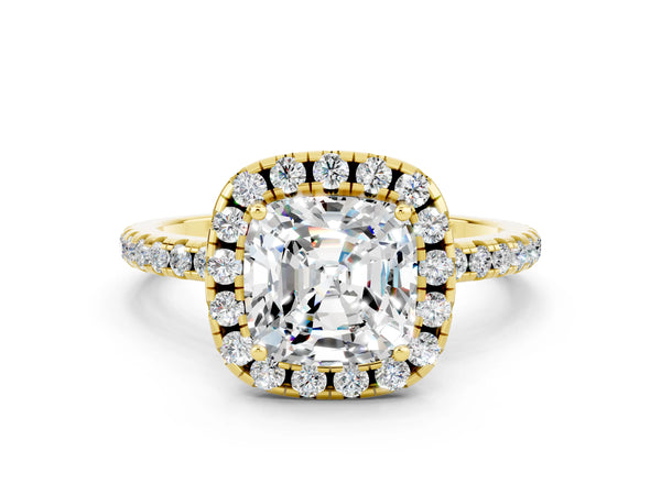 Yellow gold Cushion Cut Moissanite Halo Ring with Round Pavé Band and Prong Setting