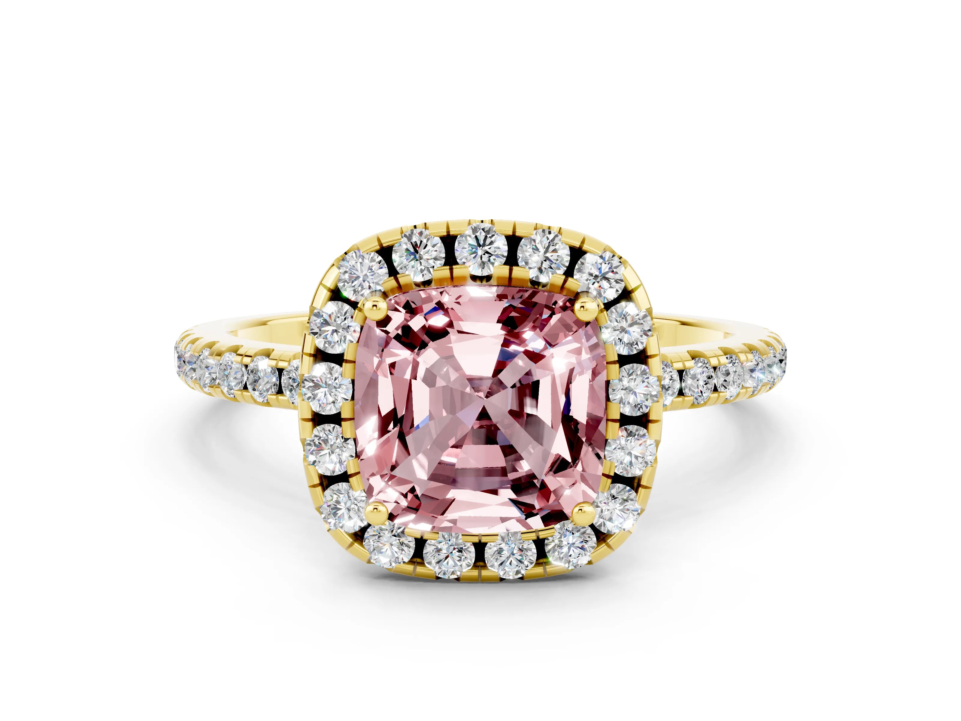 Yellow gold Cushion Cut Halo Round Diamond Pavé Band Four-Prong Ring_12