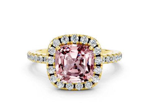 Yellow gold Cushion Cut Halo Round Diamond Pavé Band Four-Prong Ring_12