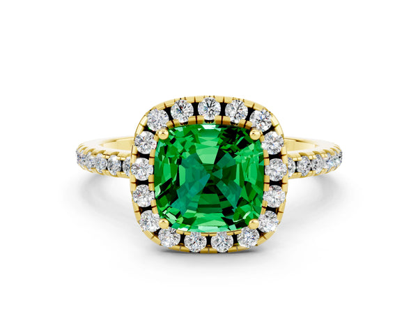 Yellow gold Cushion Cut Emerald Halo Ring with Round Pavé Band and Prong Setting