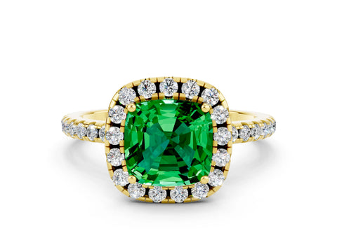 Yellow gold Cushion Cut Halo Round Diamond Pavé Band Four-Prong Ring_12