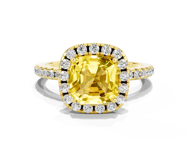 Yellow gold Cushion Cut Yellow Sapphire Halo Ring with Round Pavé Band and Prong Setting