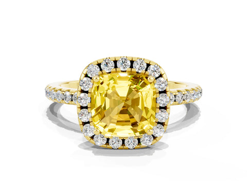 Yellow gold Cushion Cut Halo Round Diamond Pavé Band Four-Prong Ring_12