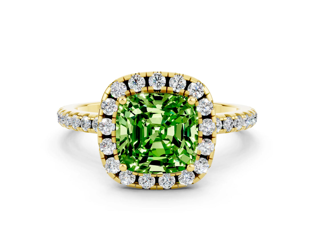 Yellow gold Cushion Cut Halo Round Diamond Pavé Band Four-Prong Ring_12