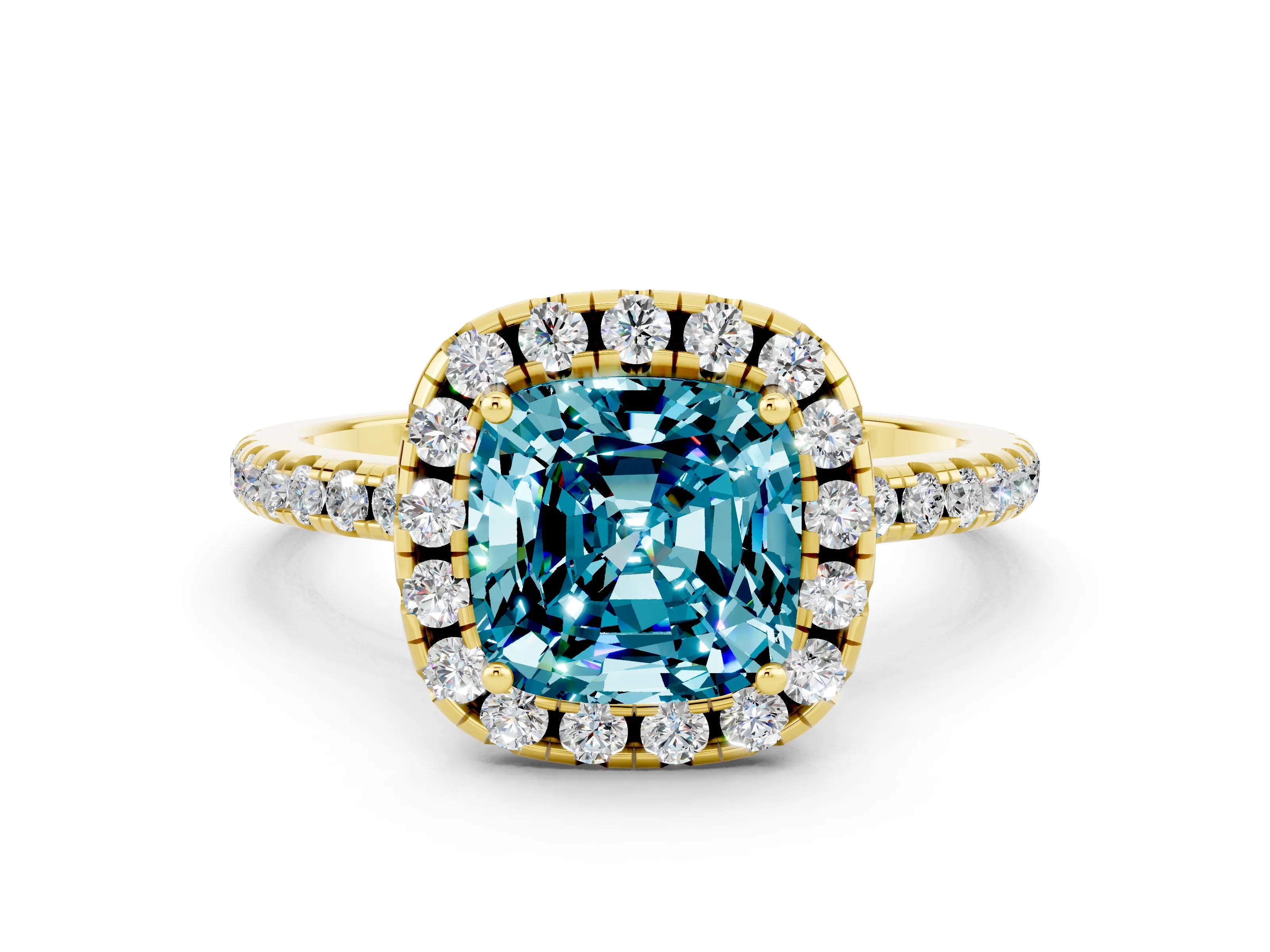 Yellow gold Cushion Cut Halo Round Diamond Pavé Band Four-Prong Ring_12