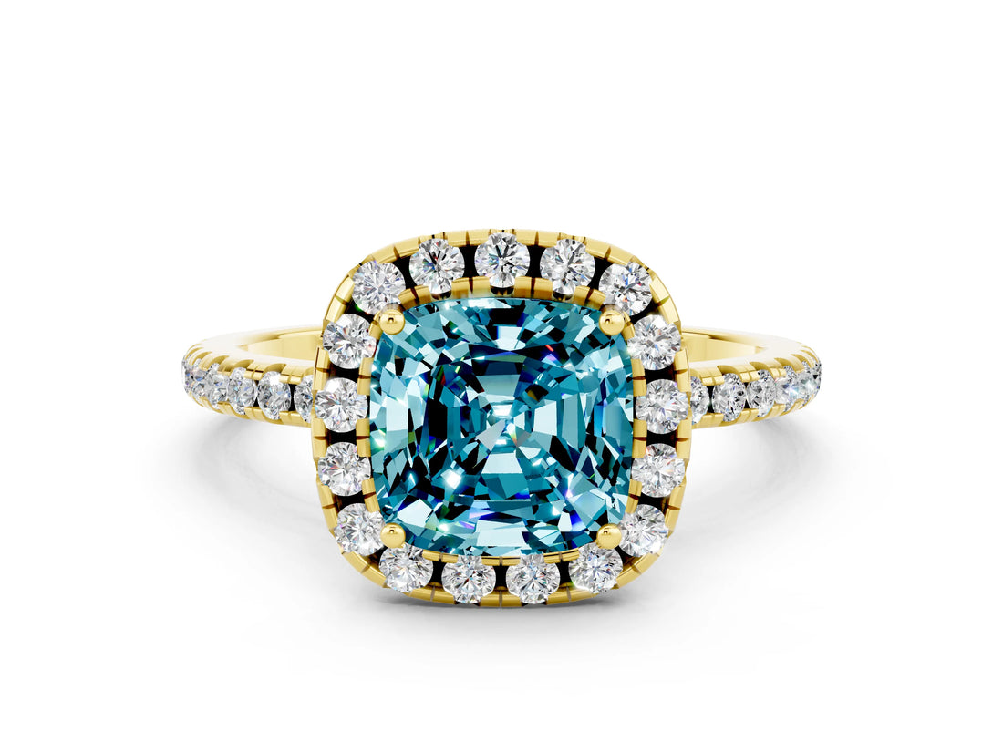 Yellow gold Cushion Cut Halo Round Diamond Pavé Band Four-Prong Ring_12
