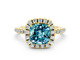 Yellow gold Cushion Cut Halo Round Diamond Pavé Band Four-Prong Ring_12