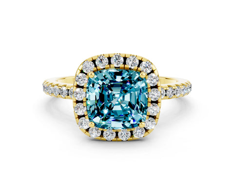 Yellow gold Cushion Cut Halo Round Diamond Pavé Band Four-Prong Ring_12