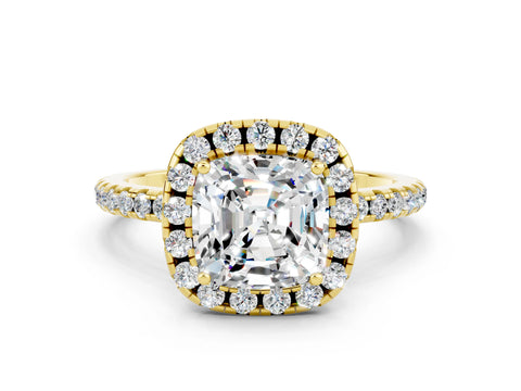 Yellow gold Cushion Cut Halo Round Diamond Pavé Band Four-Prong Ring_12