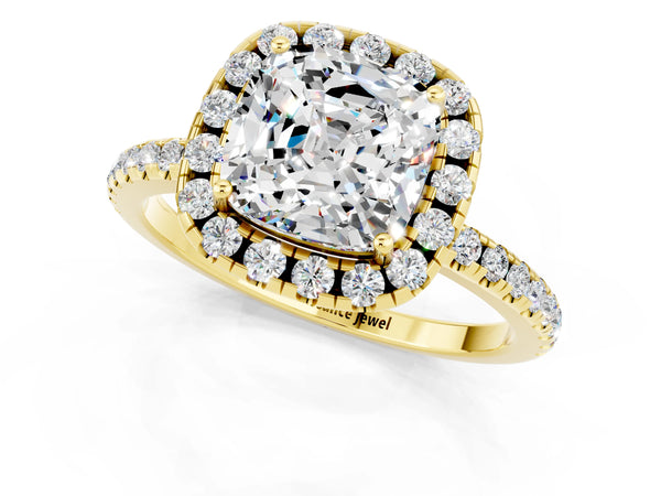 Yellow gold Cushion Cut Moissanite Halo Ring with Round Pavé Band and Prong Setting