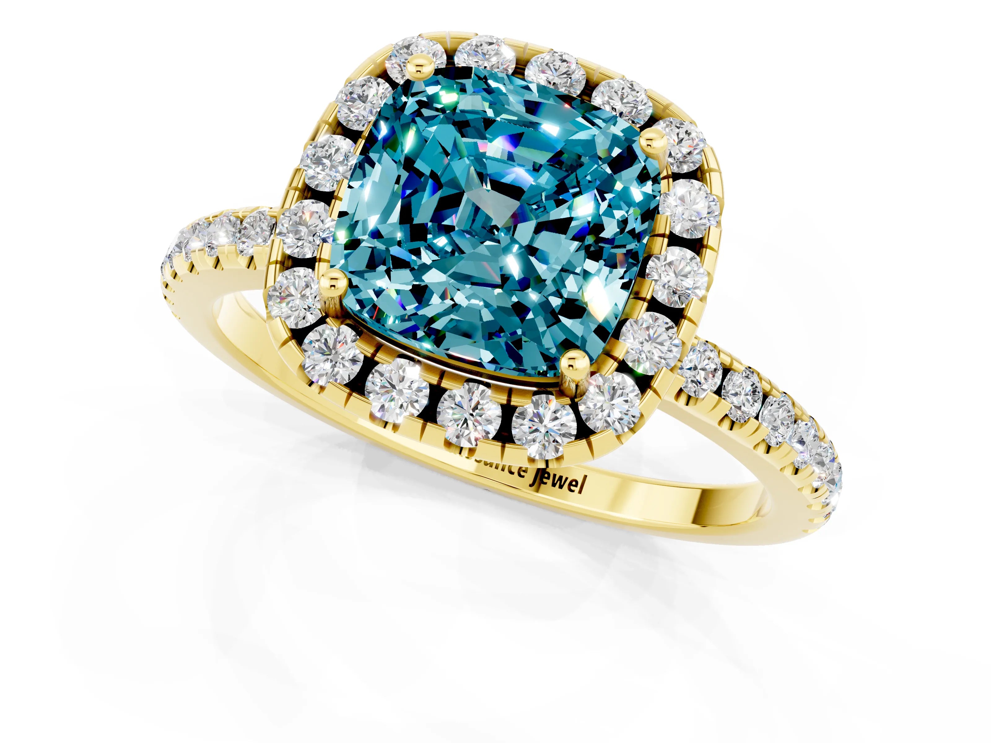Yellow gold Cushion Cut Halo Round Diamond Pavé Band Four-Prong Ring_13