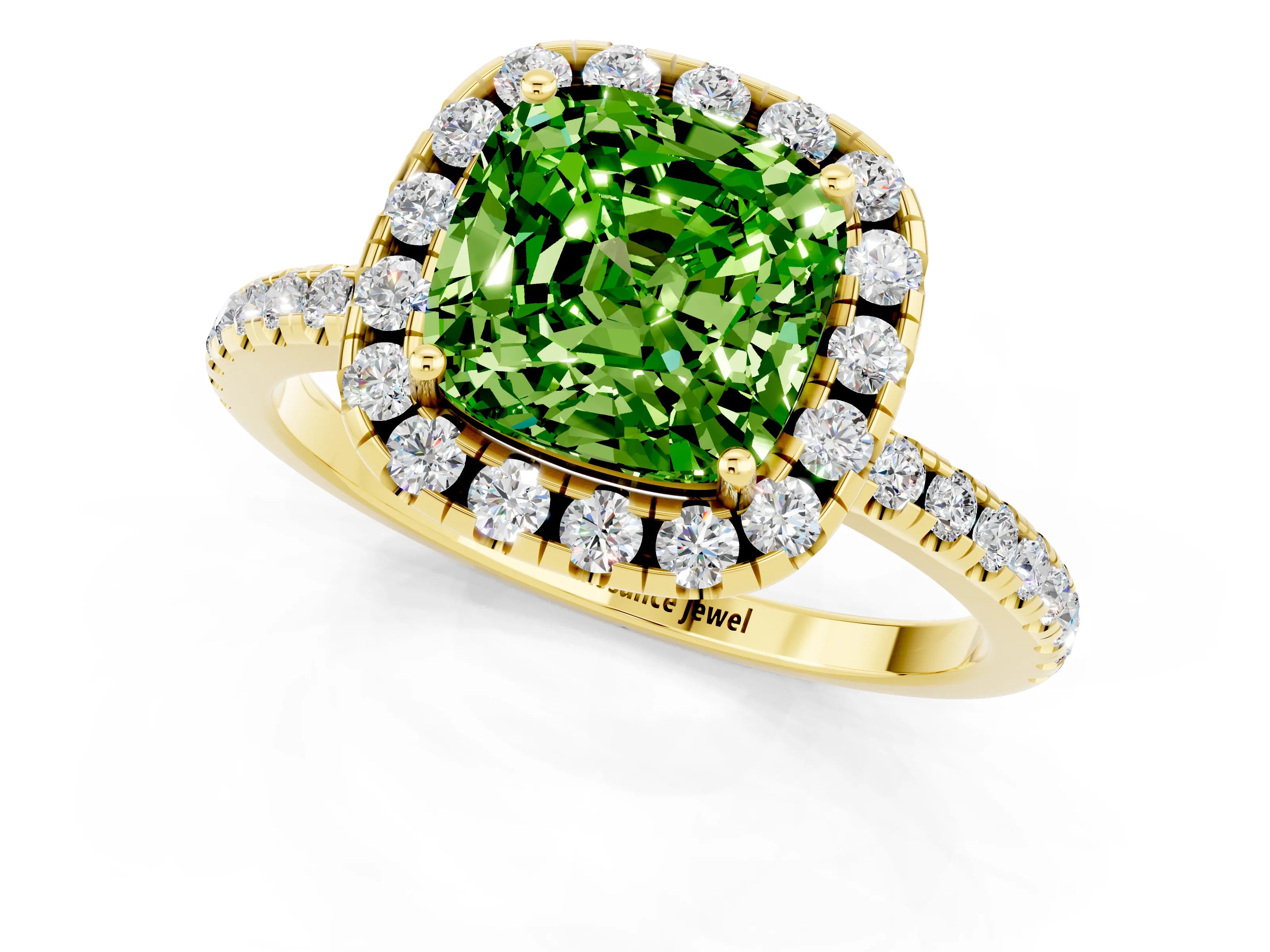 Yellow gold Cushion Cut Halo Round Diamond Pavé Band Four-Prong Ring_13