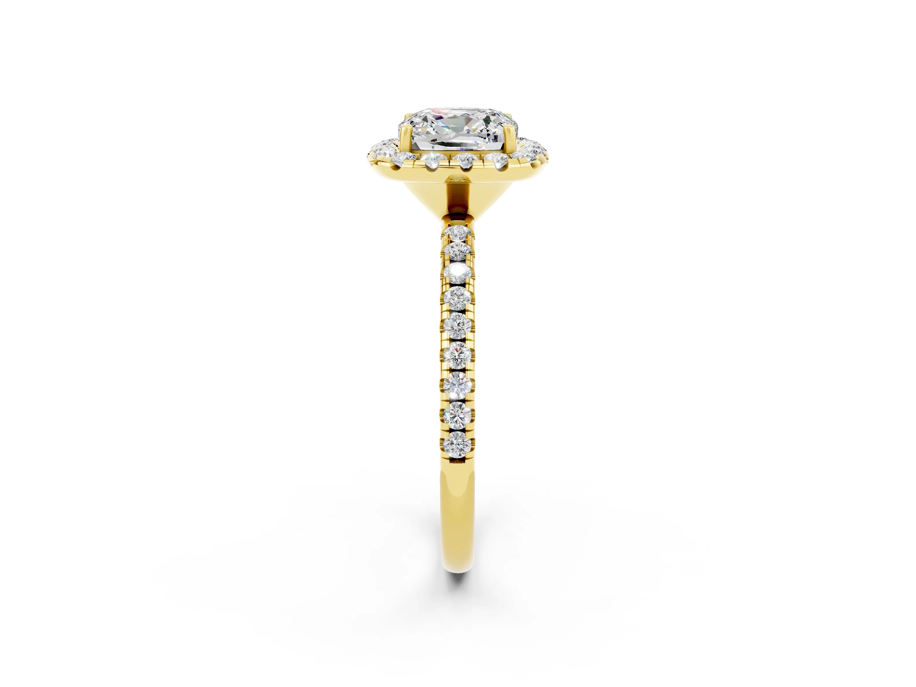 Yellow gold Cushion Cut Halo Round Diamond Pavé Band Four-Prong Ring_14