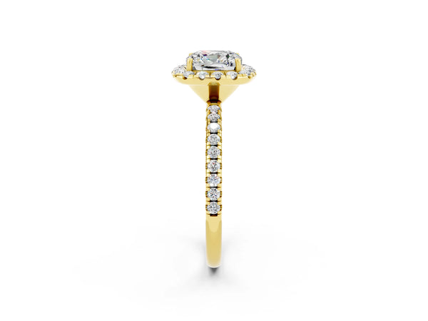 Yellow gold Cushion Cut Moissanite Halo Ring with Round Pavé Band and Prong Setting