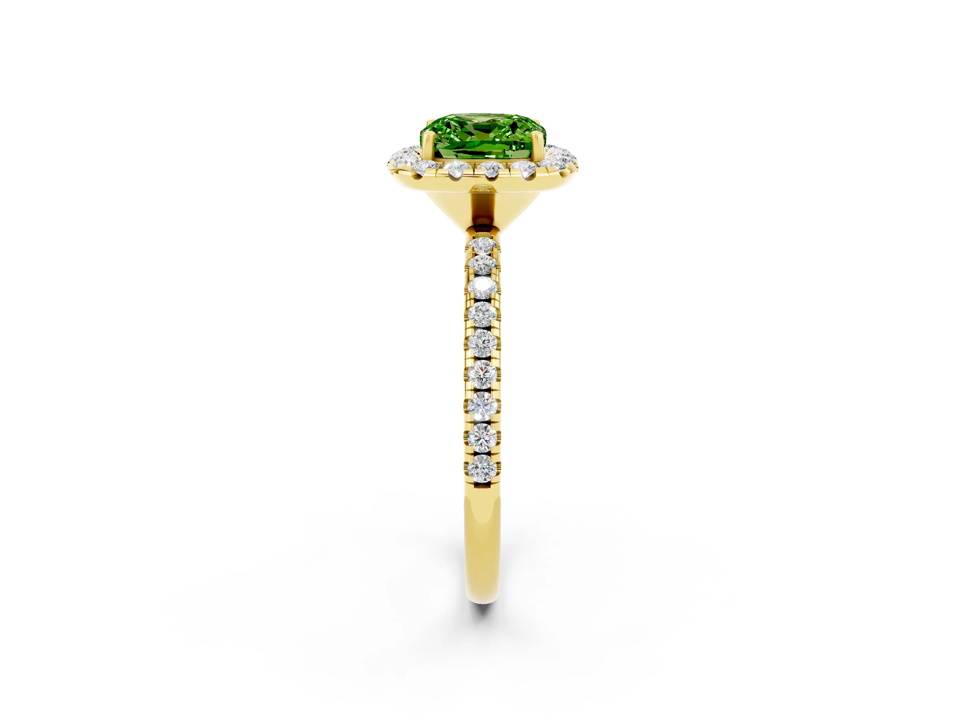 Yellow gold Cushion Cut Halo Round Diamond Pavé Band Four-Prong Ring_14