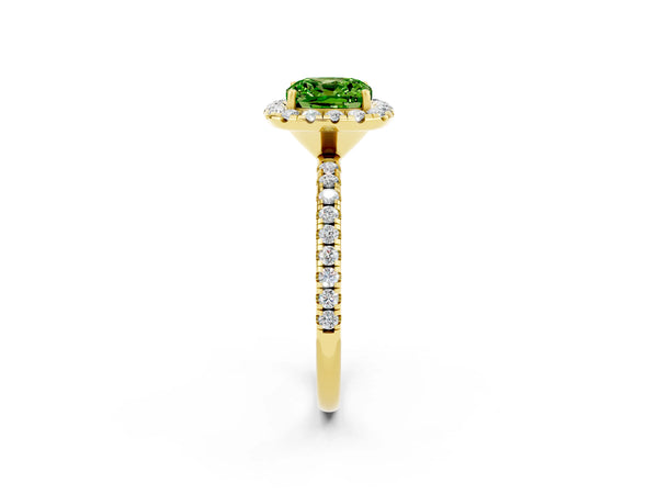 Yellow gold Cushion Cut Halo Round Diamond Pavé Band Four-Prong Ring