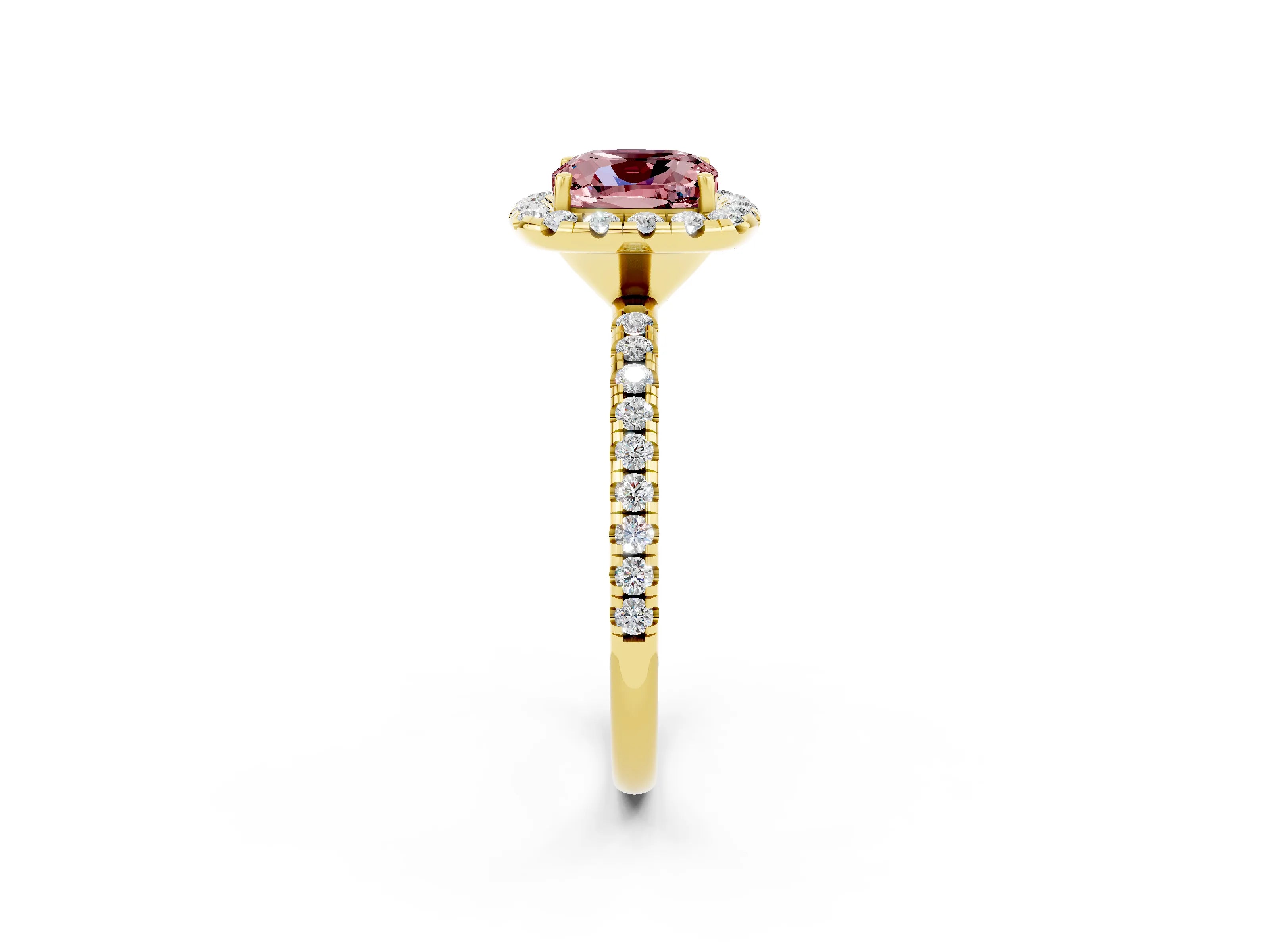 Yellow gold Cushion Cut Halo Round Diamond Pavé Band Four-Prong Ring_14