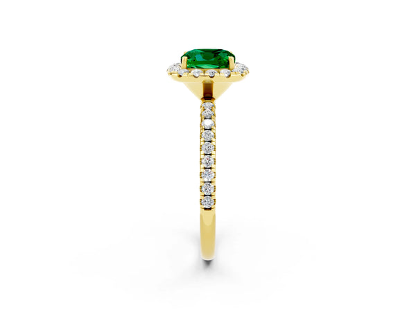 Yellow gold Cushion Cut Emerald Halo Ring with Round Pavé Band and Prong Setting