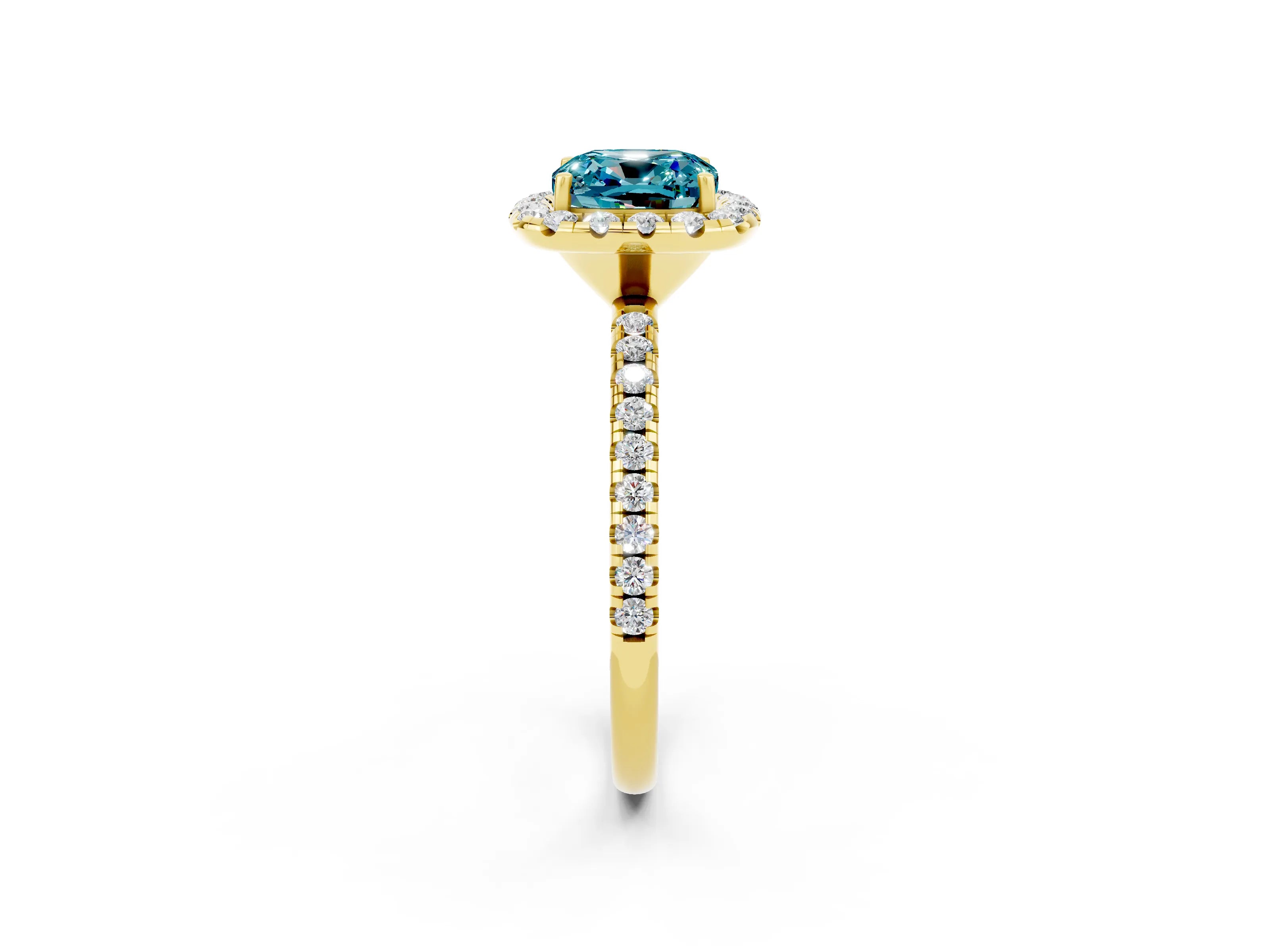 Yellow gold Cushion Cut Halo Round Diamond Pavé Band Four-Prong Ring_14