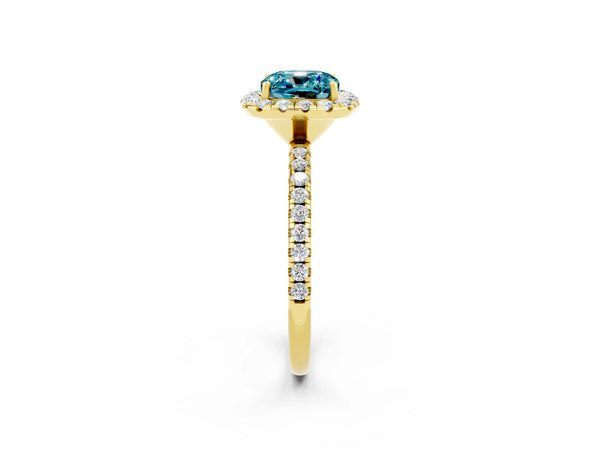 Yellow gold Cushion Cut Halo Round Diamond Pavé Band Four-Prong Ring