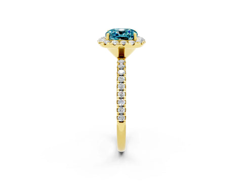 Yellow gold Cushion Cut Halo Round Diamond Pavé Band Four-Prong Ring_14