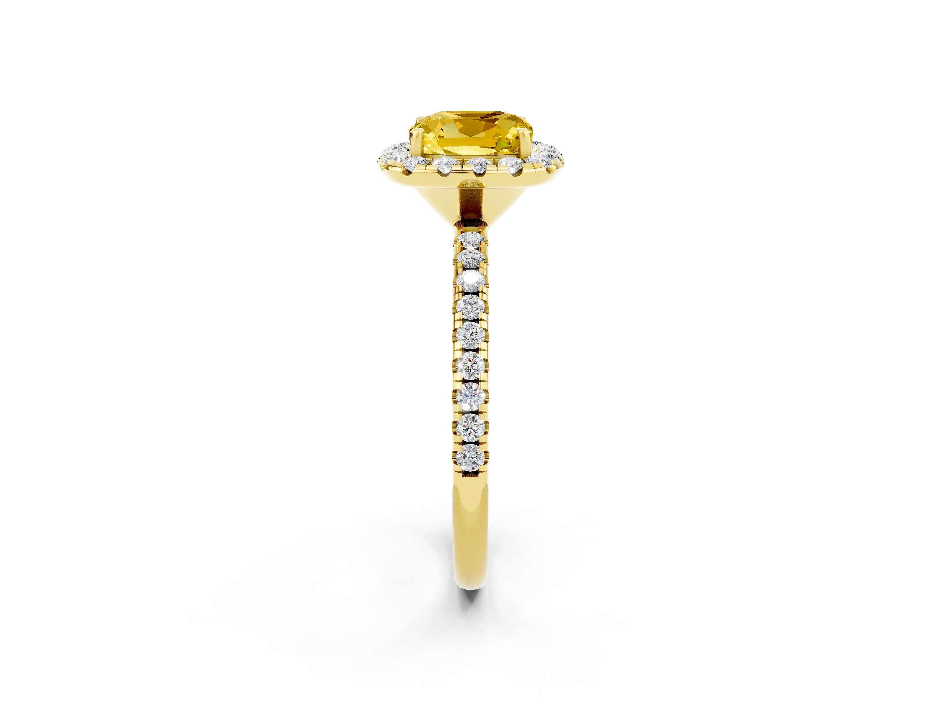 Yellow gold Cushion Cut Halo Round Diamond Pavé Band Four-Prong Ring_14