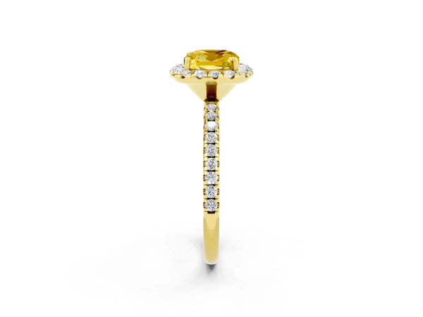 Yellow gold Cushion Cut Yellow Sapphire Halo Ring with Round Pavé Band and Prong Setting