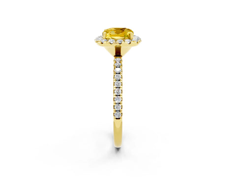 Yellow gold Cushion Cut Halo Round Diamond Pavé Band Four-Prong Ring_14