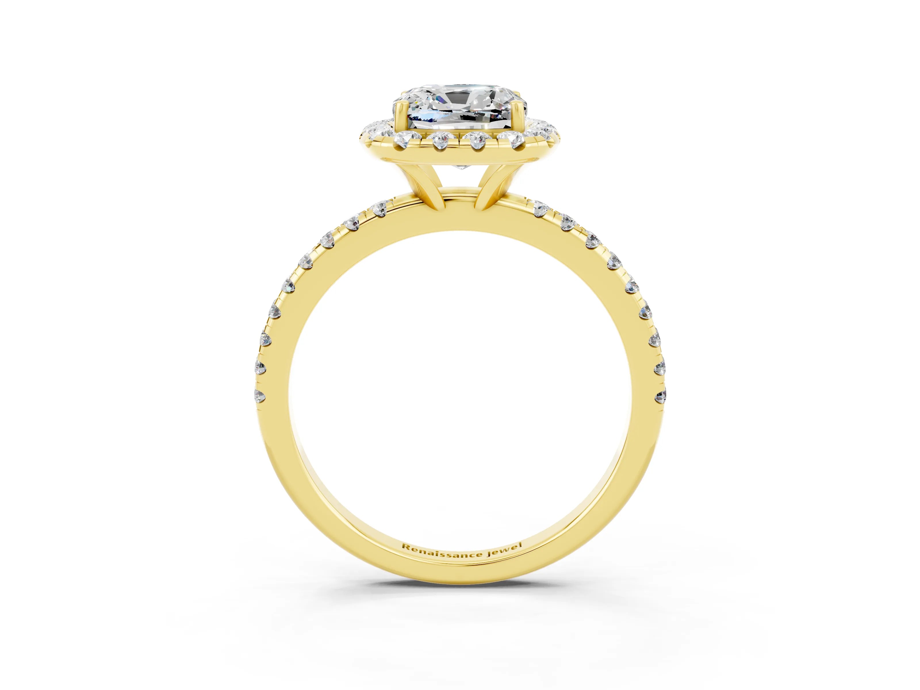 Yellow gold Cushion Cut Halo Round Diamond Pavé Band Four-Prong Ring_15