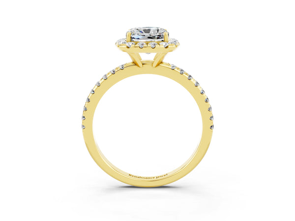 Yellow gold Cushion Cut Moissanite Halo Ring with Round Pavé Band and Prong Setting