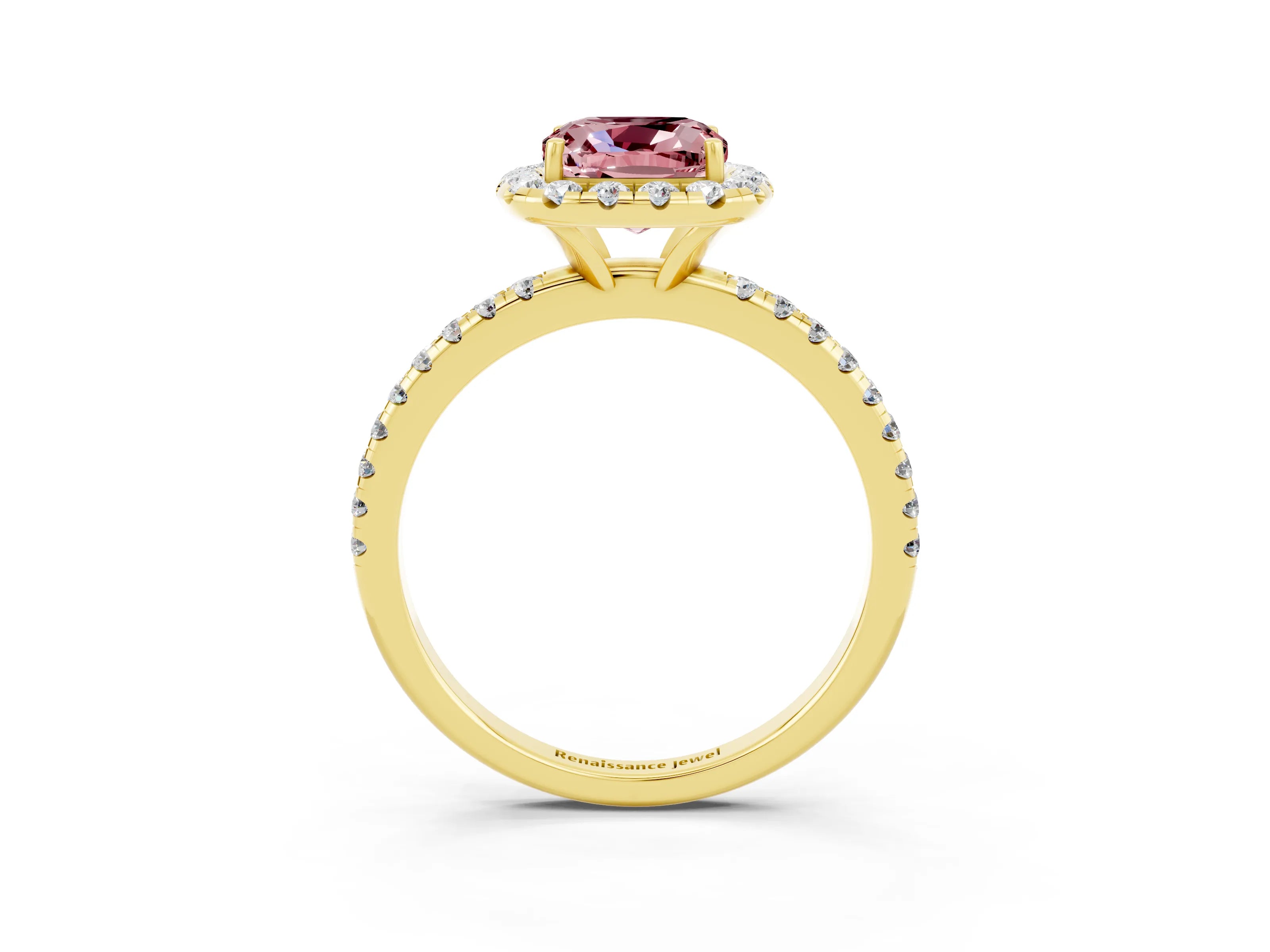 Yellow gold Cushion Cut Halo Round Diamond Pavé Band Four-Prong Ring_15