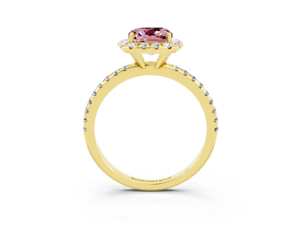 Yellow gold Cushion Cut Halo Round Diamond Pavé Band Four-Prong Ring