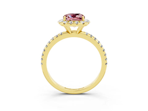 Yellow gold Cushion Cut Halo Round Diamond Pavé Band Four-Prong Ring_15