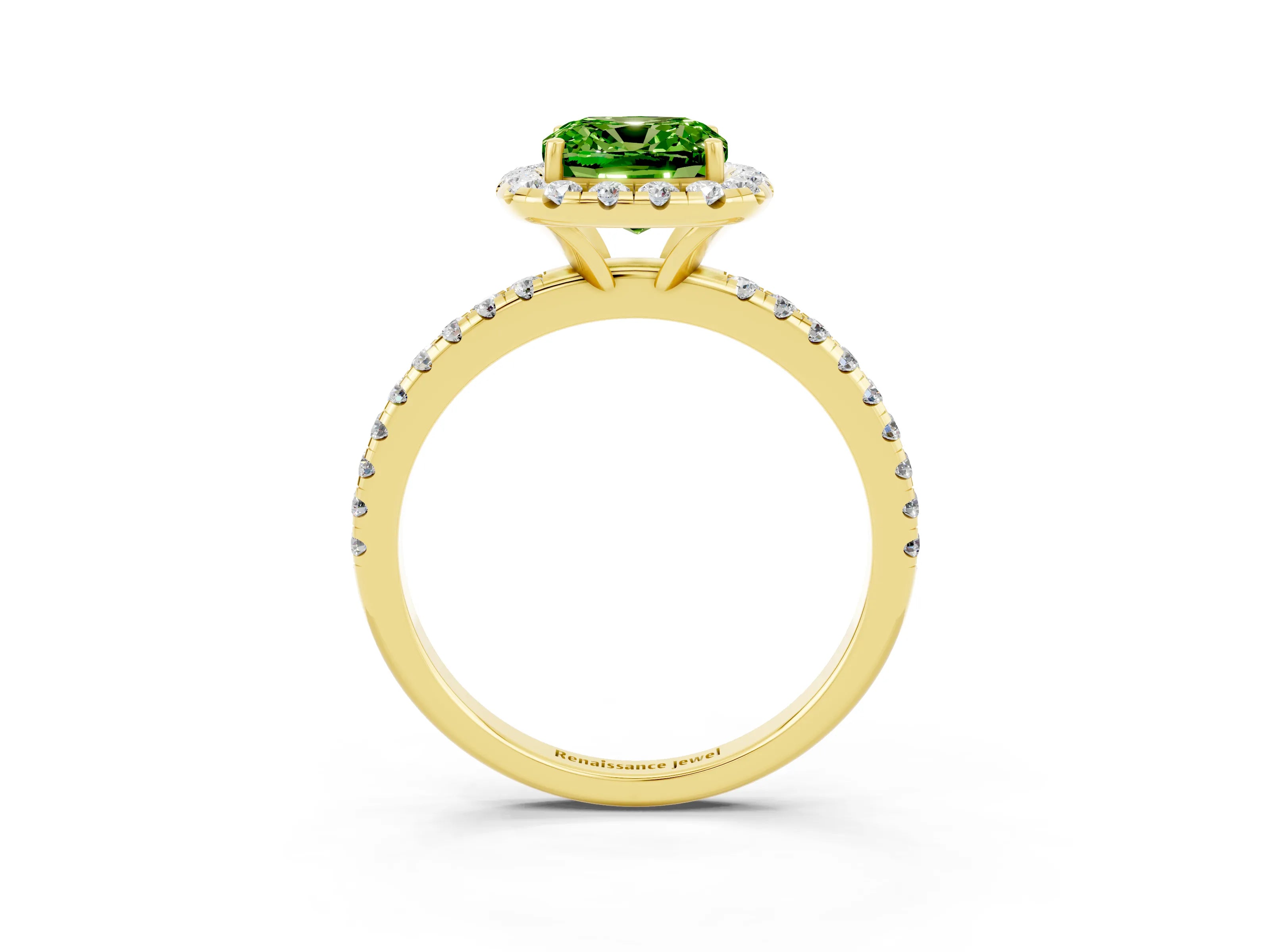 Yellow gold Cushion Cut Halo Round Diamond Pavé Band Four-Prong Ring_15