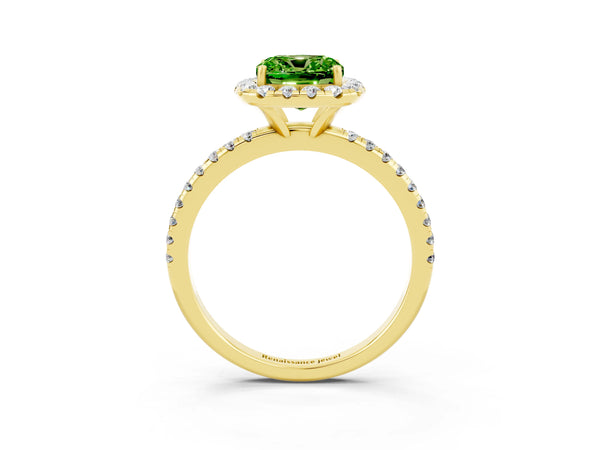 Yellow gold Cushion Cut Halo Round Diamond Pavé Band Four-Prong Ring