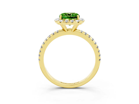 Yellow gold Cushion Cut Halo Round Diamond Pavé Band Four-Prong Ring_15