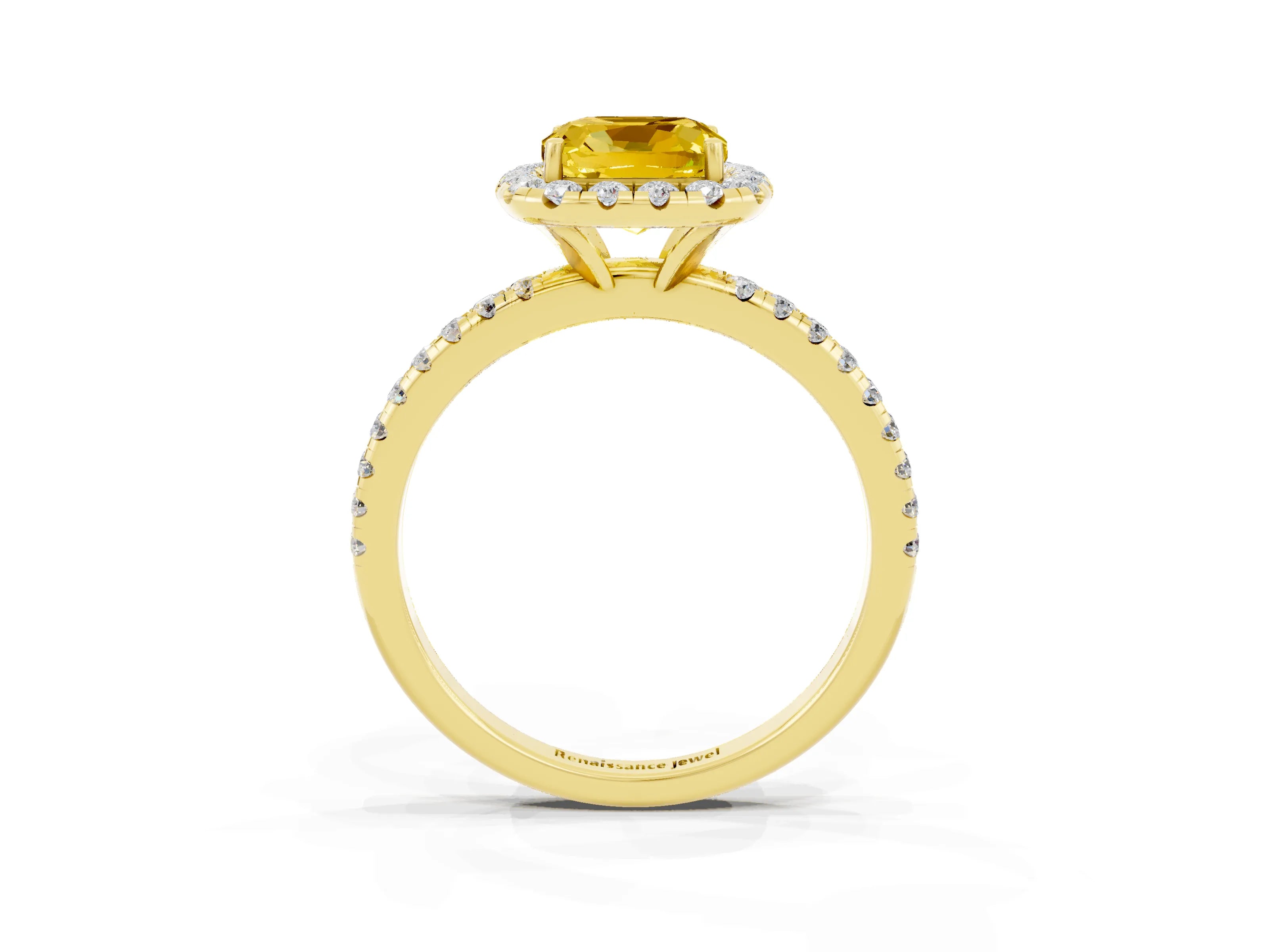 Yellow gold Cushion Cut Halo Round Diamond Pavé Band Four-Prong Ring_15