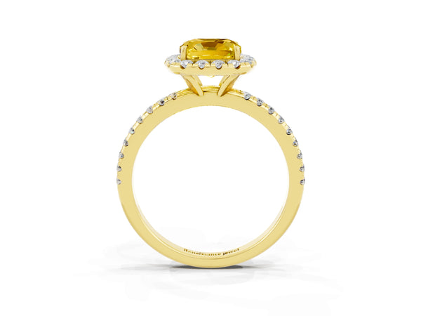 Yellow gold Cushion Cut Yellow Sapphire Halo Ring with Round Pavé Band and Prong Setting