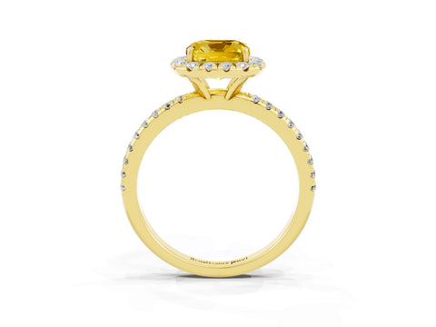 Yellow gold Cushion Cut Halo Round Diamond Pavé Band Four-Prong Ring_15