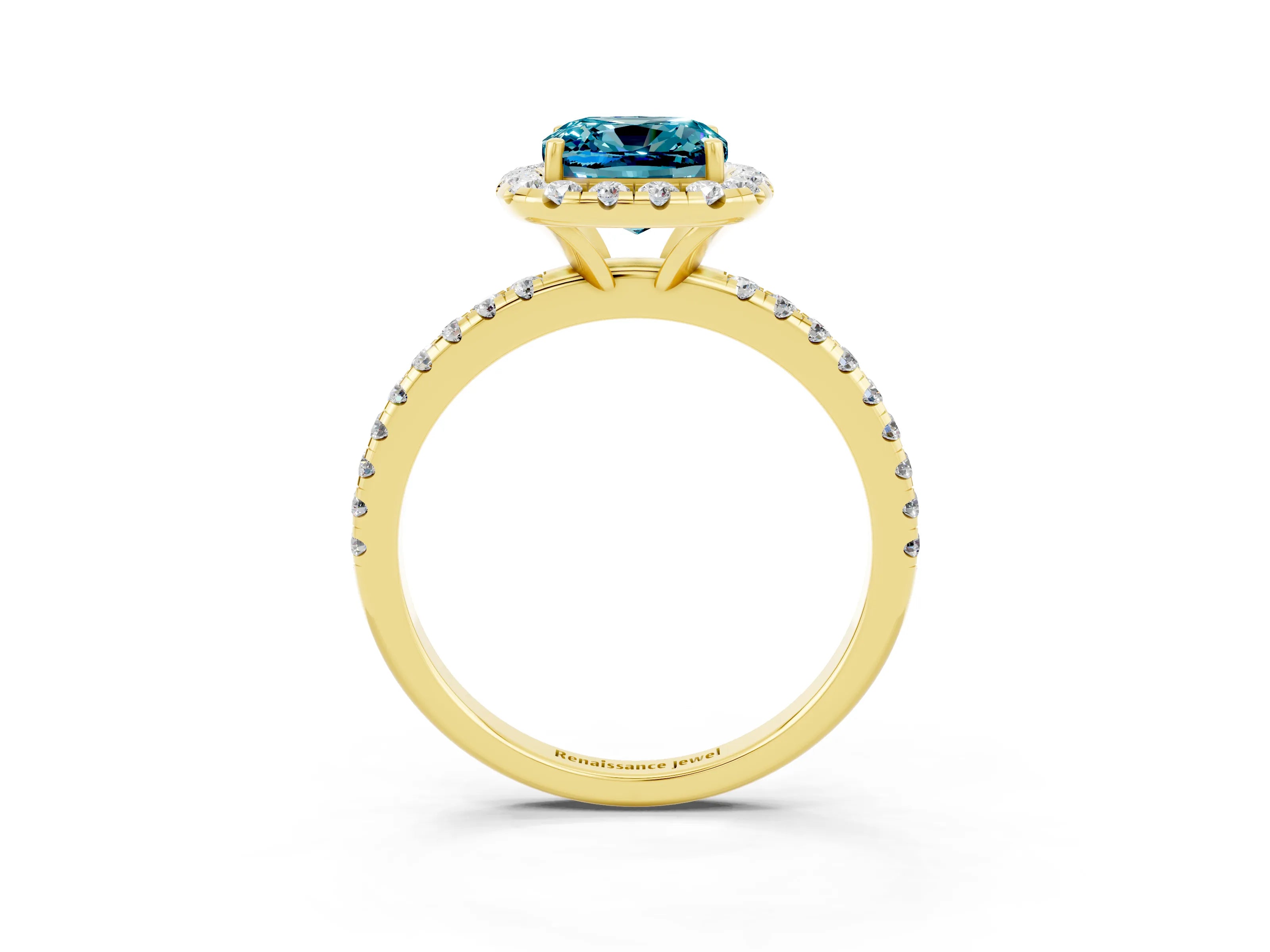 Yellow gold Cushion Cut Halo Round Diamond Pavé Band Four-Prong Ring_15