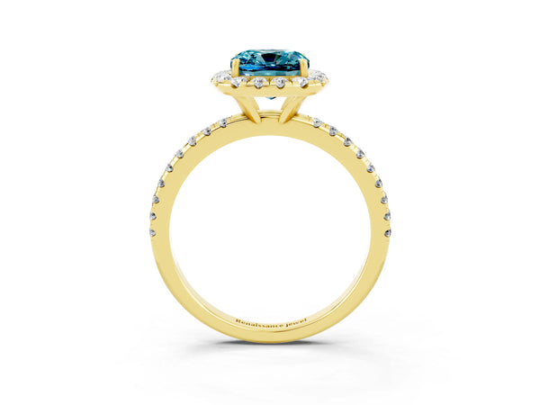 Yellow gold Cushion Cut Halo Round Diamond Pavé Band Four-Prong Ring