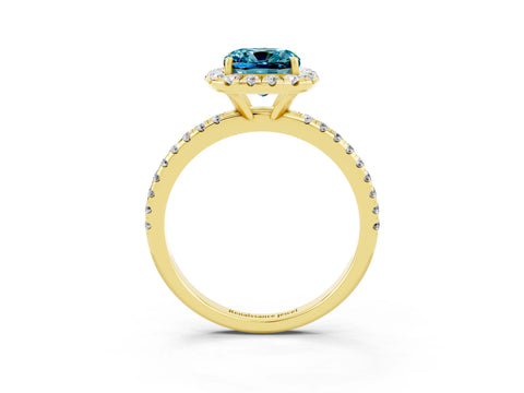 Yellow gold Cushion Cut Halo Round Diamond Pavé Band Four-Prong Ring_15