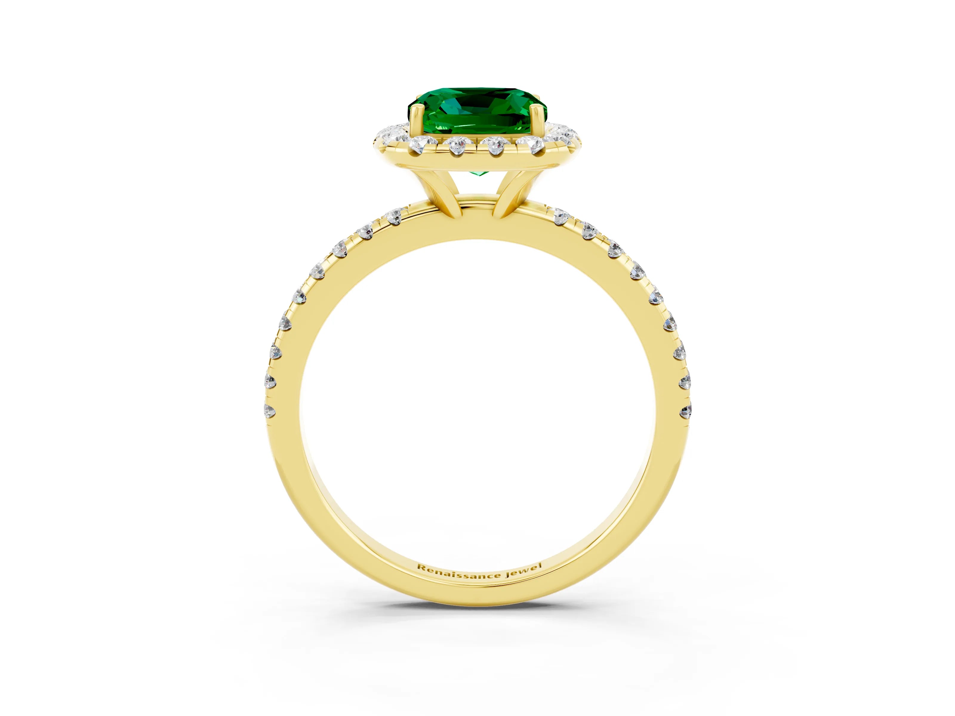 Yellow gold Cushion Cut Halo Round Diamond Pavé Band Four-Prong Ring_15